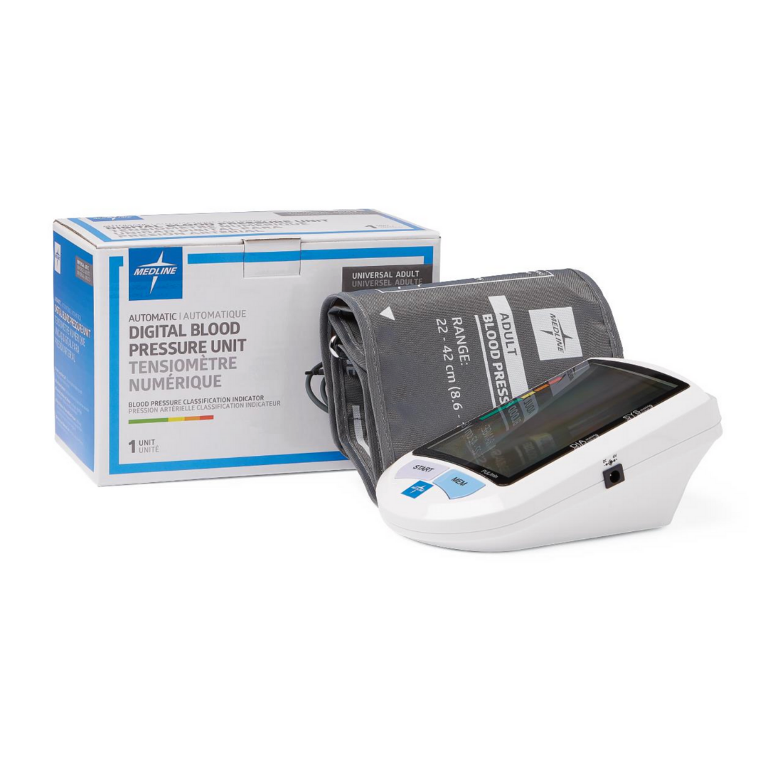 The Medline Elite Automatic Digital Blood Pressure Monitor with arm cuff is shown beside its blue and white box, featuring one-touch operation for quick, accurate digital blood pressure readings for adults.